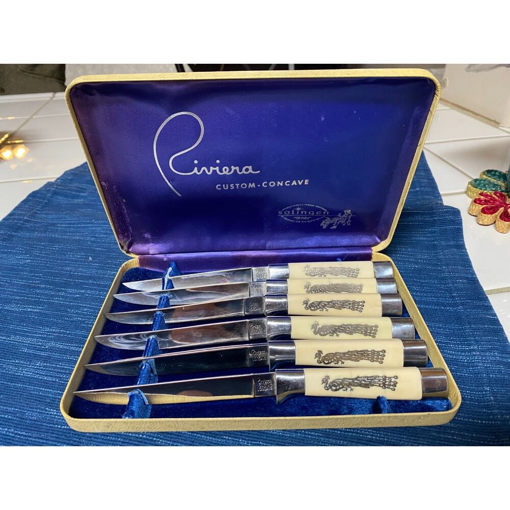 Vtg RIVIERA Solingen Germany Custom Concave Set of 6 Steak Knives Peacock Inlay